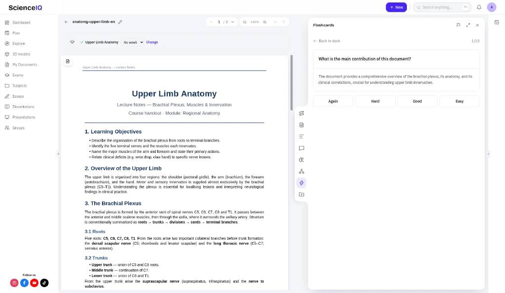Flipped anatomy flashcard with Again, Hard, Good, and Easy rating buttons