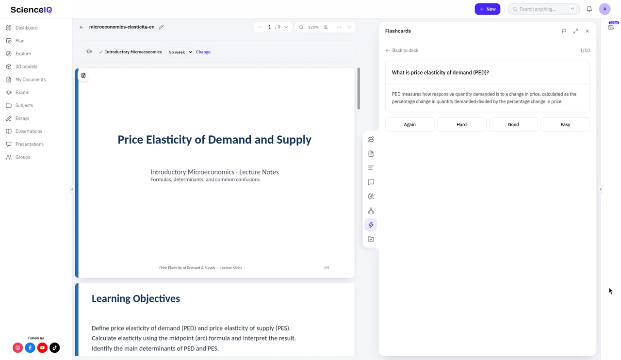 Flipped economics flashcard with Again, Hard, Good, and Easy rating buttons