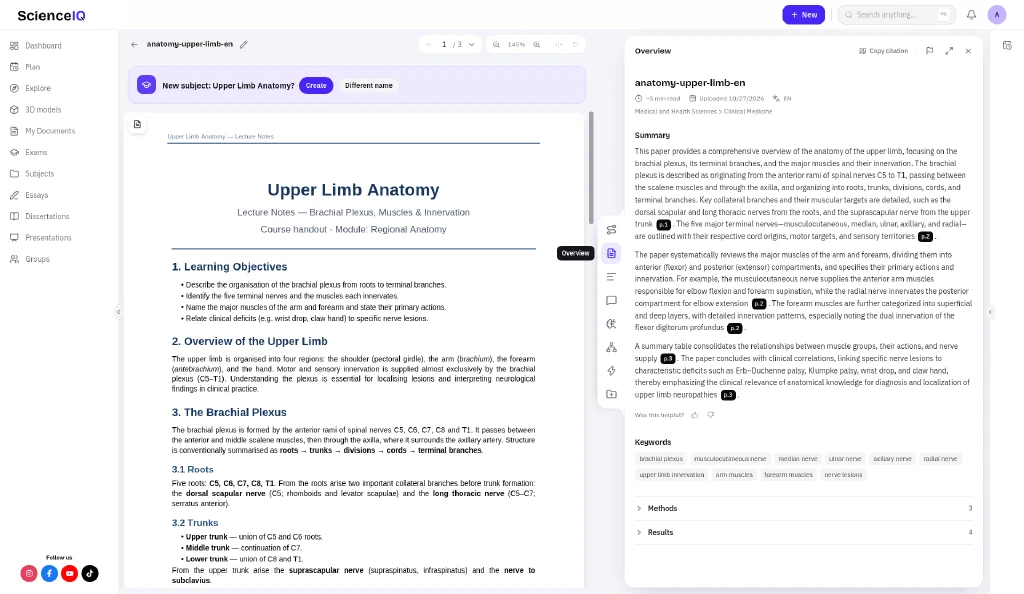 Overview tab with a generated anatomy lecture summary, page references such as p.2, and keywords