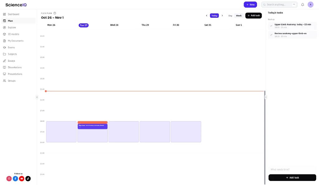 Plan week view for 26 Oct to 1 Nov with study blocks in the current week