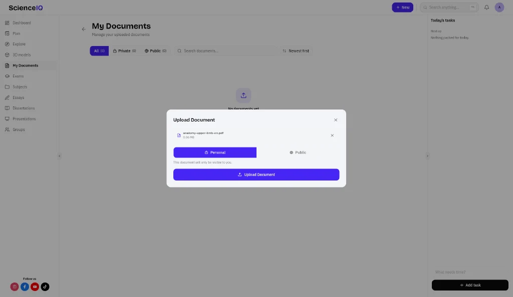 ScienceIQ upload dialog with anatomy-upper-limb-en.pdf selected