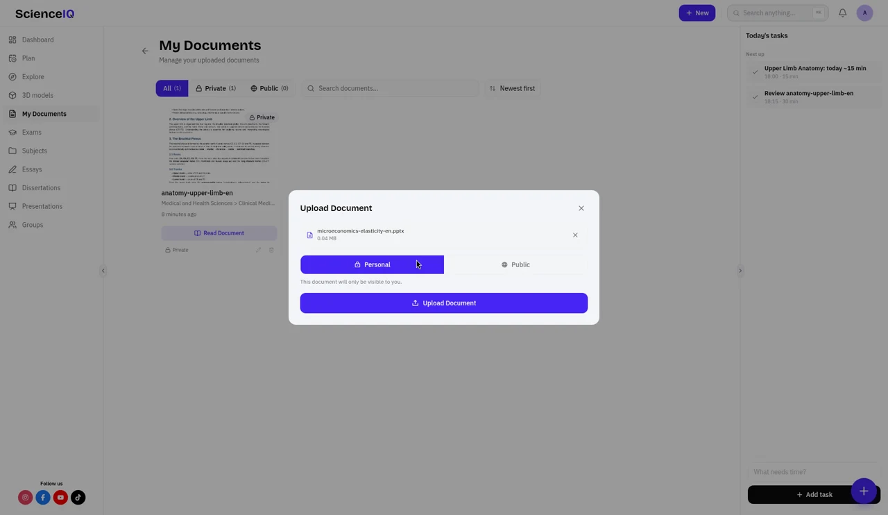ScienceIQ upload dialog with microeconomics-elasticity-en.pptx selected