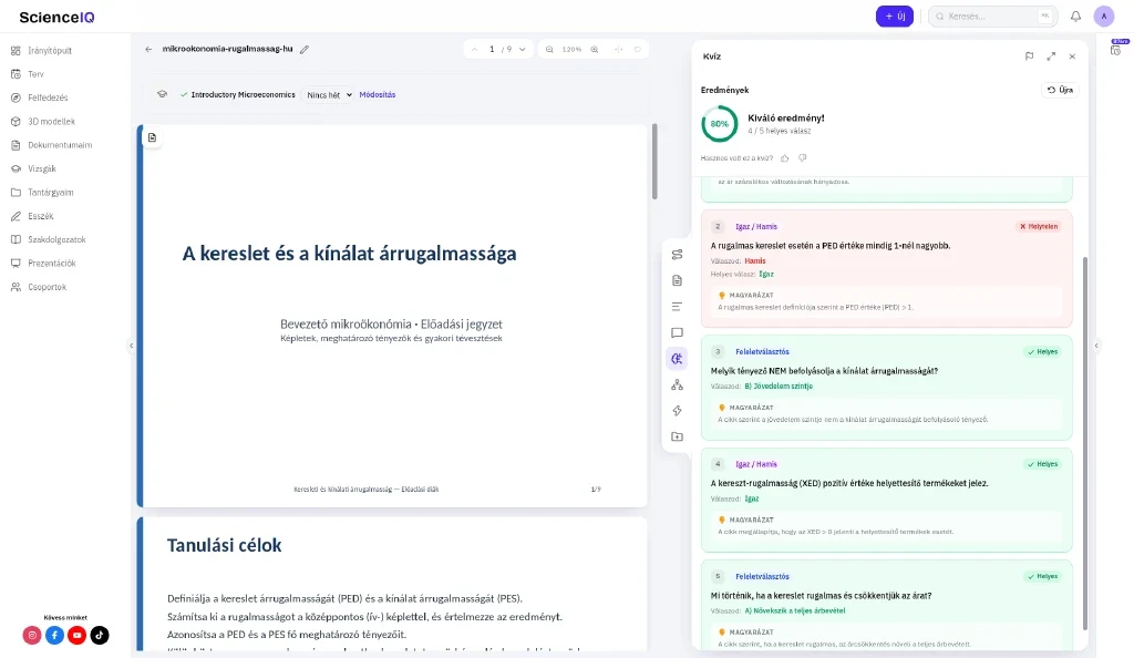 Kvízeredmény mikroökonómia diákon: pontszám és kérdésenként a te válaszod a helyessel